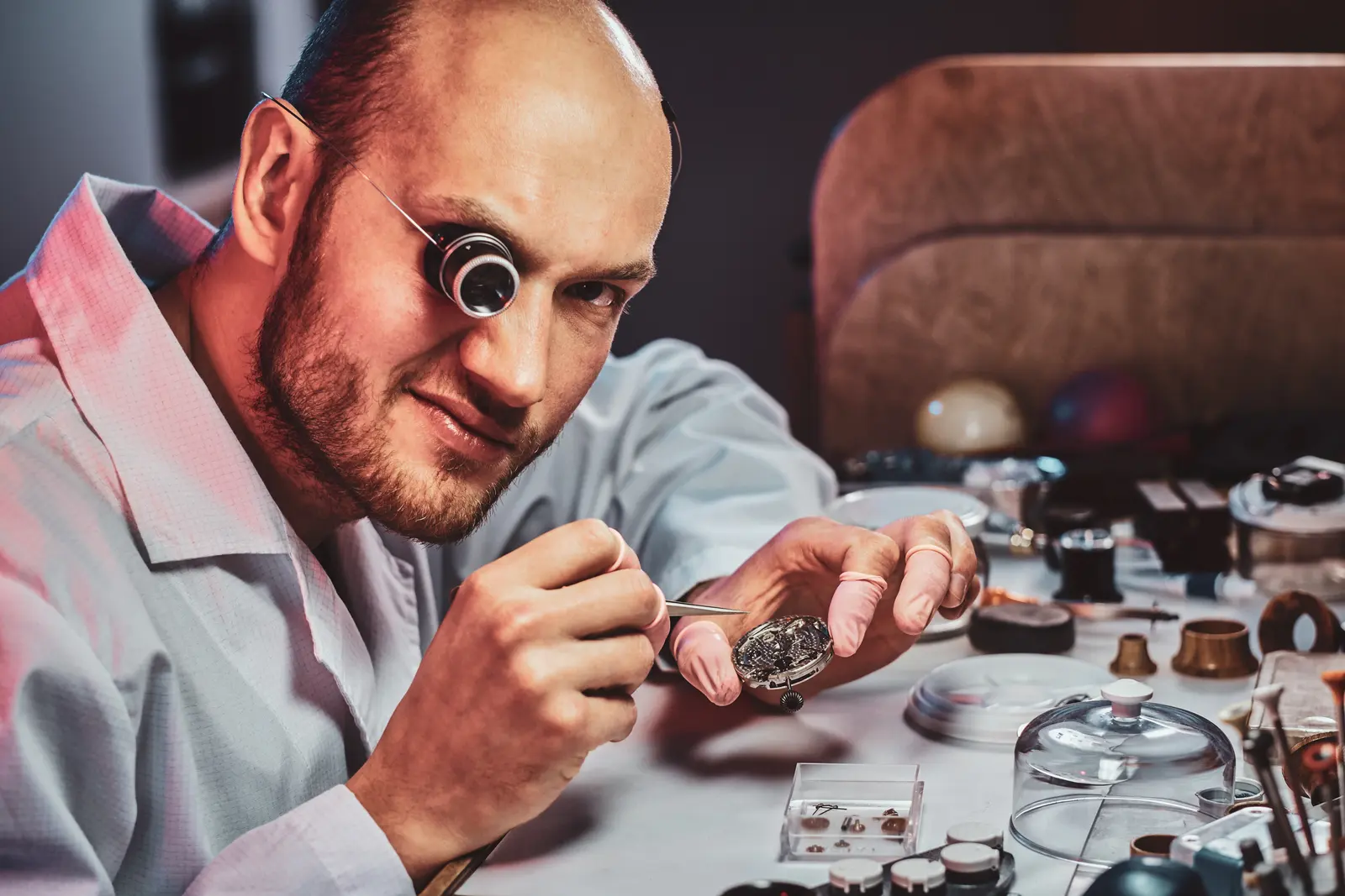 Watchmaker with a loupe repairing a watch at his workbench