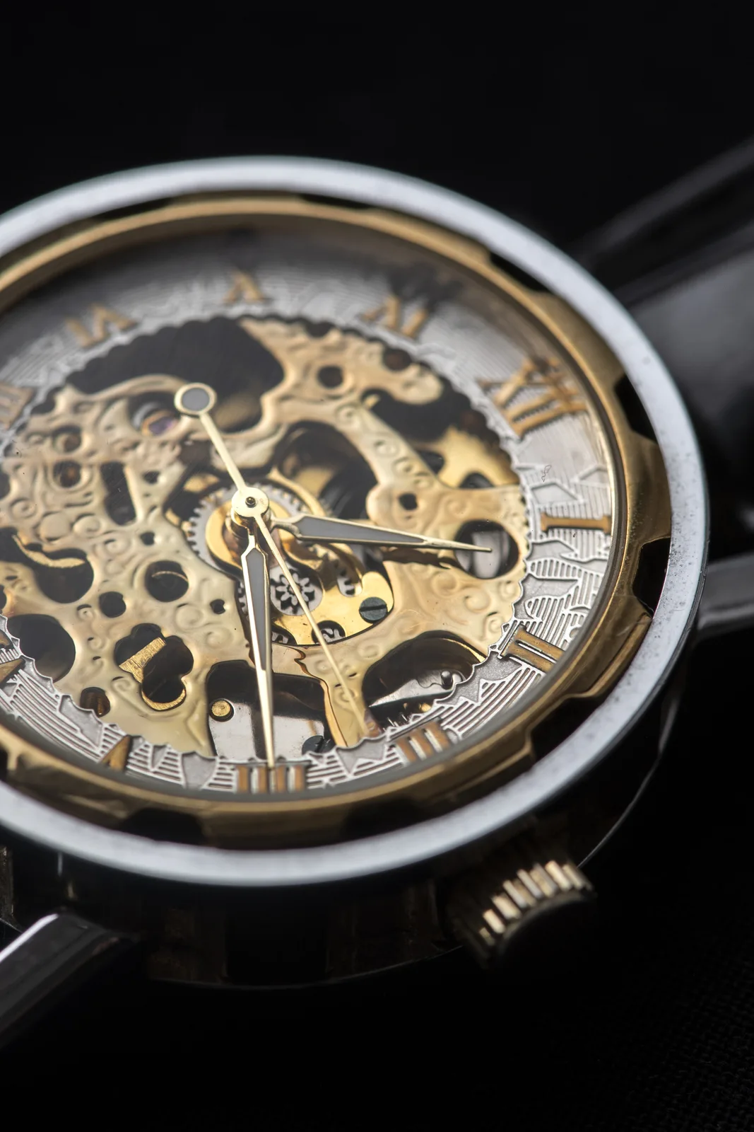 Skeleton watch dial showing the mechanical movement