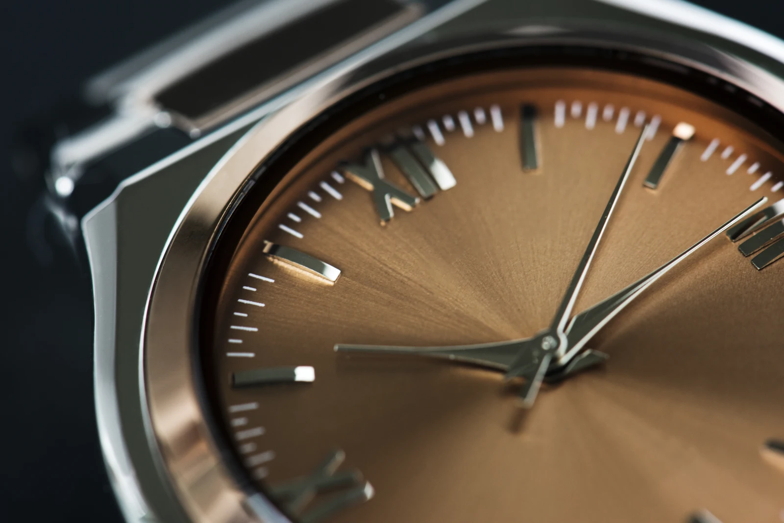 Close-up of a mid-range steel watch dial